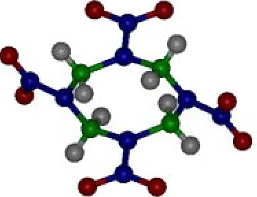 Figure 1: HMX molecule, C4H8N8O8, in the crystal β-phase. Color code for atoms: carbon in green, nitrogen in blue,oxygen in red and hydrogen in grey.