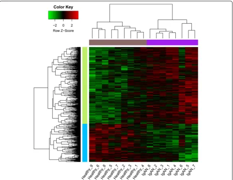 Fig. 1 Heat map of clustering analysis of gene expressions in different samples. X-axis represents samples, and Y-axis represents gene expressions