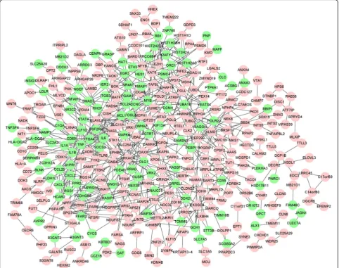 Fig. 2 Protein-protein interaction network of the differentially expressed genes. Circle in red denotes upregulated genes, and in green denotesdownregulated genes