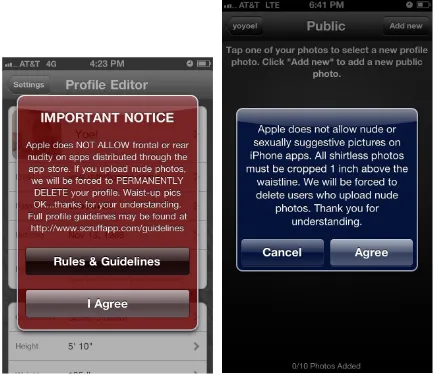 Fig. 6: Content policy notice on Scruff. The screenshot on the left, taken in August 2012, displays the notice used from the launch of the app