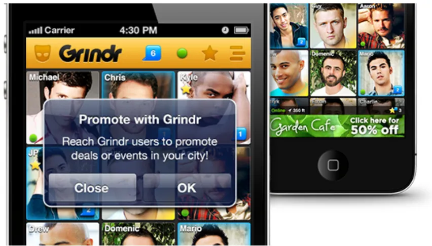 Fig. 10: Illustration showing the placement of advertisements in the Grindr interface, as well as suggested use cases for Grindr marketing