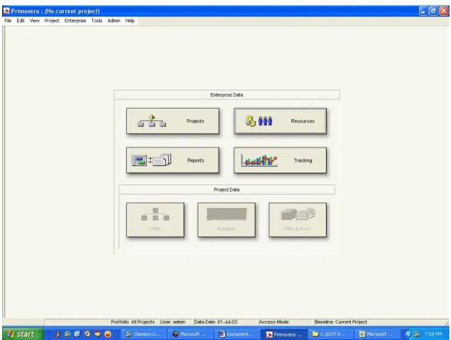 Figure 3.1: Primavera’s “No Current Project” Screen 