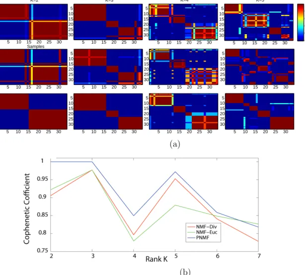Figure 2.3: Clustering results for the Medulloblastoma dataset: (a) Consensus matri- matri-ces: Top row NMF-Euc, Second row NMF-Div, bottom row: PNMF; (b) Cophenetic coefficient versus the rank k (NMF-Euc in green, NMF-Div in red and PNMF in blue).