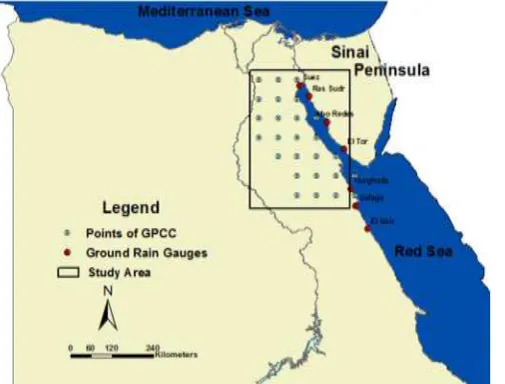 Fig -1 : Location of study area, ground rain gauges and selected points of the gridded datasets (GPCC, CRU, and Era-interim) 