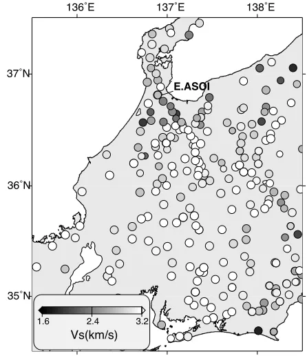 Fig. 4. Average S-wave velocities from ground surface to a depth of 5 kmused for station correction of receiver functions are shown by a grayscale.