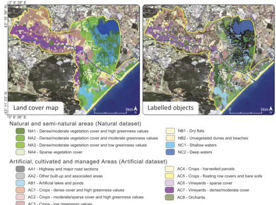 Figure 1. Land cover reference map for the Lower Aude Valley site (left side) and the spatial distribution of the labelled objects generated by the segmentation (right side).
