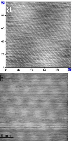 Figure 3:STM-images showing the superperiodic features:(a) with high magniﬁcation(100A˚× 100A) resolving the individual graphite atoms and the superperiodic structure super-˚imposed (bright areas)