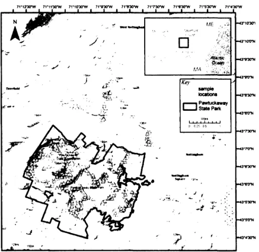 Figure 3: Topographic overview of Pawtuckaway State Park and surrounding study area  (Background map sources: USGS, FAO, NPS, EPA, ESRI, DeLorme, TANA) 