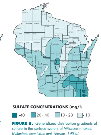 FIGURE 8. Generalized distribution gradients of sulfate in the surface waters of Wisconsin lakes.