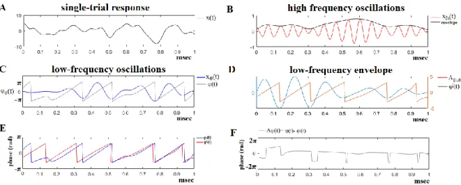 Figure 2. The algorithmic steps for PAC estimation. Using the first single-trial signal from  session  1  and  flashing  image  1  (A),  from  the  P300  of  an  able  subject  (subject  6),  we  demonstrate the detection of coupling between θ and β 1  rhy