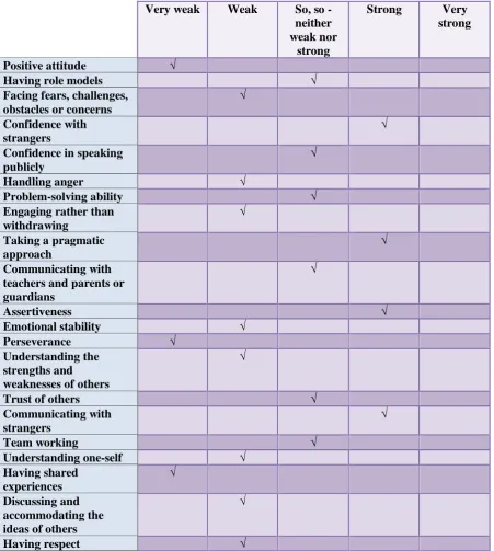 Figure 3:  Example matrix of a teacher’s record of an individual pupil’s position 