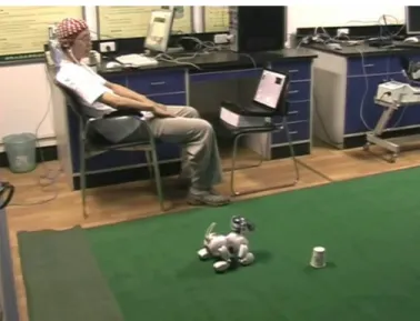 Figure 2.2: A motor-imagery system from the Tsinghua University. This system detects the activation in the user’s motor cortex when the user simulates a given action in his brain, and translates this activity into commands to control the robot dog on the f