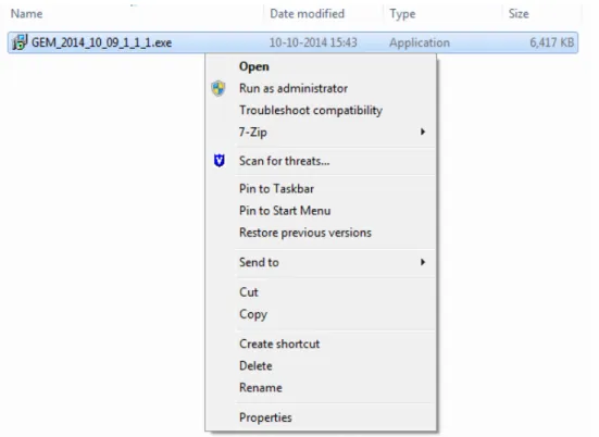 Figure 4.1   For installation of the GEM application select ‘Run as administrator’. 