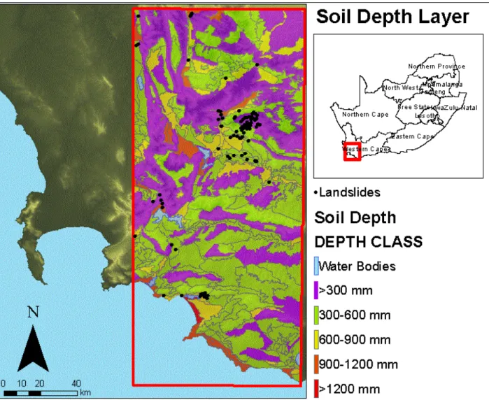 Figure 17: The soil depth layer of the study areas. The depth classes are also shown on the legend