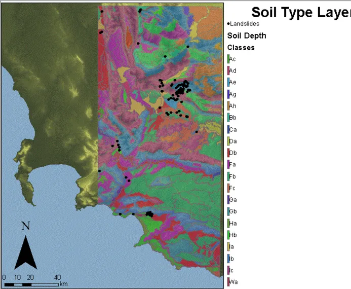 Figure 19: The soil type layer for the study area, which was used to model the landslide susceptibility map using the  weight of evidence method