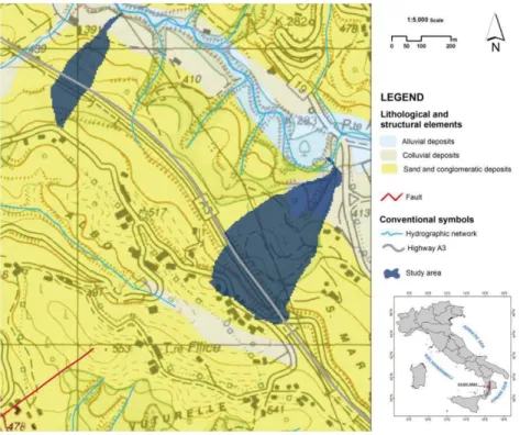Fig. 2. Study Area, basins in which the model is tested and lithological and structural elements
