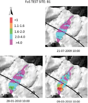 Fig. 6.  FoS maps for site B1 at 50cm depth for three time steps: 21-07-2009, 28-01-2010, and 09-03-2010 at 10.00
