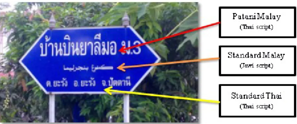 Figure 1: Village name sign using three languages written in two scripts (photo by author)