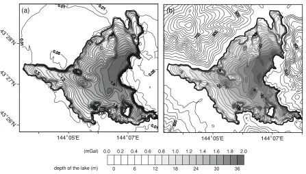 Fig. 3.Contour map showing the effect of lake water correction (a) and topographic map (b) around Lake Akan