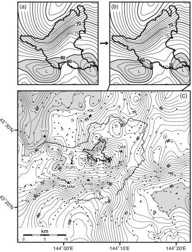 Fig. 4.Bouguer anomaly maps of Akan volcano: close views around Lake Akan (a) before and (b) after the lake water corrections, with contourintervals of 1 mGal, and (c) an overview after the lake water correction, with contour intervals of 2 mGal