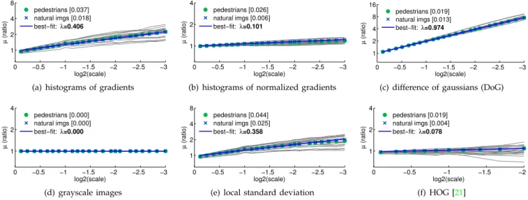 Fig. 3. Power Law Feature Scaling: For each of six channel types we plot µ s = N 1 P f Ω (I s i )/f Ω (I 1 i ) for s ≈ 2 − 1 8 , 