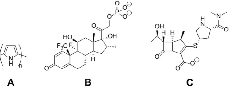 Figure 1. The chemical structures of the substances studied herein: ((Figure 1.A) Polypyrrole (PPY); (B) dexamethasone phosphate (DMP); (The chemical structures of the substances studied herein:C) meropenem (MER)