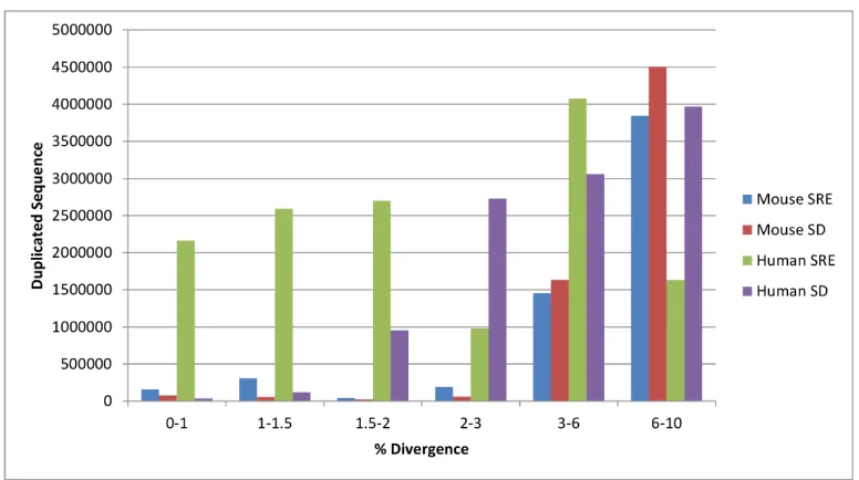 Figure 4.3 − Comparison of duplicated sequence in the mouse and human subtelomere. Total pairwise alignments of sequences involved in segmental duplications within the subtelomere (SRE) or internally in the rest of the genome (SD), in both  mouse and human