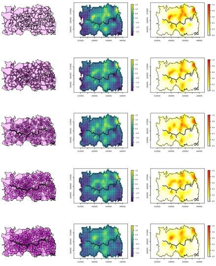 Figure 3:Left: the overlapping regions. Middle: E(Y |data) i.e. the posterior mean of thelatent ﬁeld, Y 