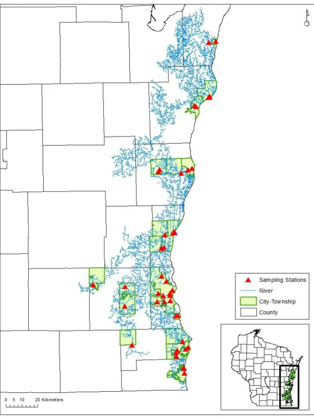 Figure 3: Sites (N=48) for sediment sampling of streams representing 26 human populations  along Lake Michigan in Wisconsin