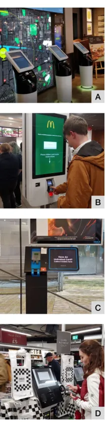 Figure 1: Users often need toauthenticate on public displayse.g., self-service hotel receptions(A), food ordering systems (B),ticket machines (C), andself-service checkouts (D)