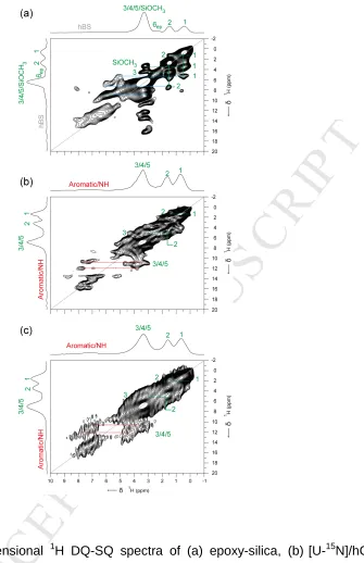 Fig. 3. Two-dimensional ACCEPTED1H DQ-SQ spectra of (a) epoxy-silica, (b) [U-15N]/hCA II 