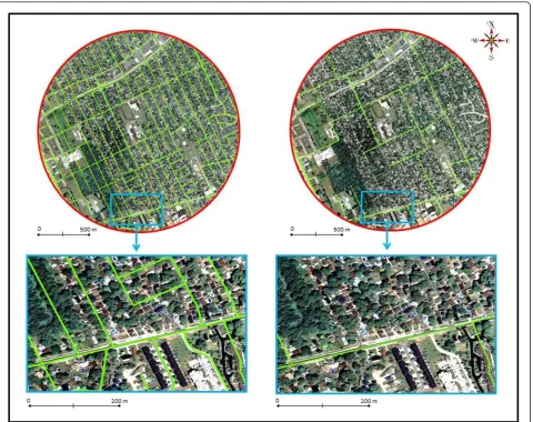 Figure 2 Overview of the GIS sidewalk measures for a 1 km radius circular buffer testing site