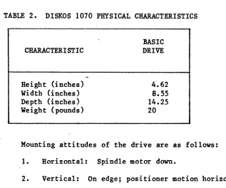 TABLE 2. DISKOS 1070 PHYSICAL CHARACTERISTICS 