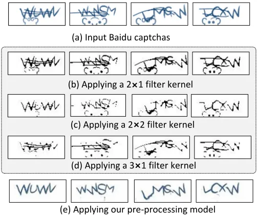 Figure 10: Comparing a filtering-based method with our ap-proach for removing noisy backgrounds and occluding lines.The filtering-based method fails to remove security featuresfrom the latest captcha schemes while our approach can.