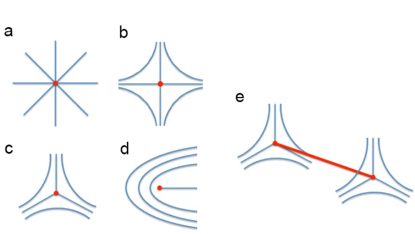 Figure 1.4 Schematic of topological defects in a nematic LC. (a-d) Point defects: (a) +1, (b) -1, (c) –½, (d) +½
