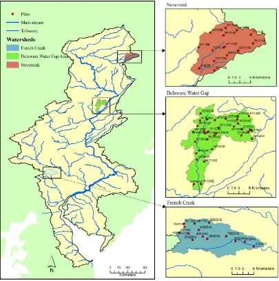 Figure 2.1 The hydrological boundary of the Delaware River Basin and the main stream and 