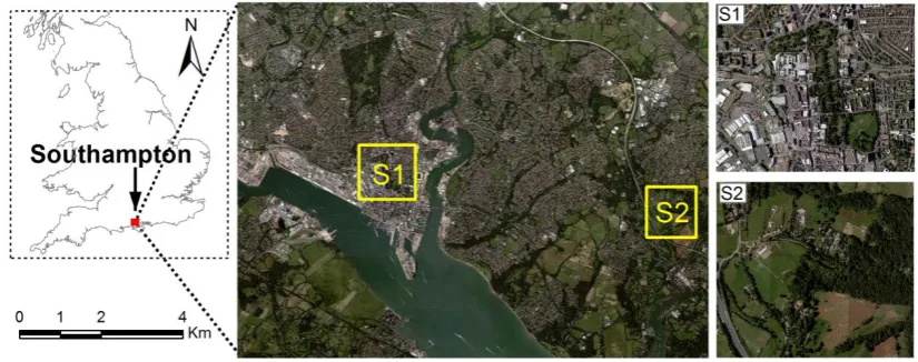 Figure 3 Southampton, UK Location of study area and aerial imagery with two study sites S1 and S2