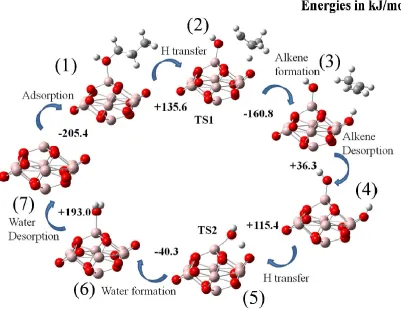 Figure 1.5: Scheme of 1-propanol dehydration reaction involving a tri-coordinated Al Lewis-acid site and a two-coordinated O of γ-Al2O3