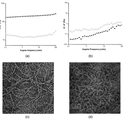 Figure 2.6 Oscillatory frequency sweep (a) MAX1 and (b) LNK1 measurements after application of injection shear treatment to both networks formed under the same solution conditions (pH 9 125 mM boric acid, 10 mM NaCl)