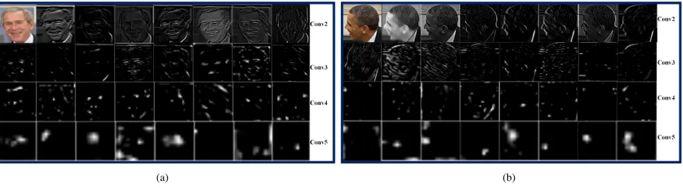 Fig. 5: Visualization of deep features from Conv2, Conv3, Conv4 and Conv5. (a) Frontal face; (b) Proﬁle face