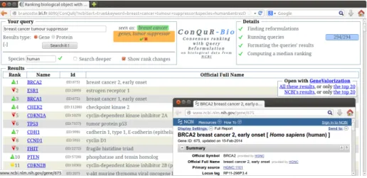 Fig. 2. ConQuR-Bio interface and the window open after clicking on BRCA2.
