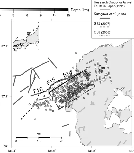 Fig. 1.Distribution of active faults (Research Group for Active Faultsin Japan, 1991; Katagawa et al., 2005; GSJ, 2007a), geological faults(GSJ, 2005), and aftershocks (M ≥ 2) (circles) within 1 day after themainshock reported by JMA