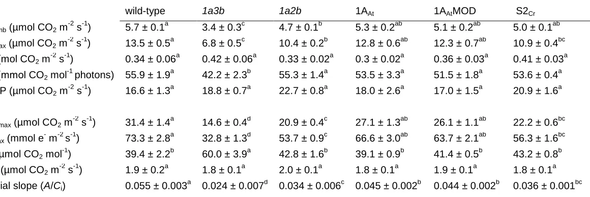 Table 2. Variables derived from photosynthetic response curves, based on gas exchange analysis of 35- to 45-d-old plants