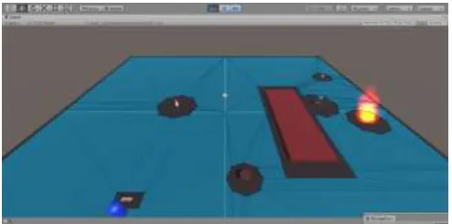 Fig 2.2 NavMesh in Unity Environment (Blue) and barrier radii for objects (Black)  