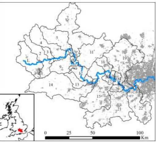 Figure 1 – Location of the River Thames catchment (UK). The INCA model sub-catchments are also shown