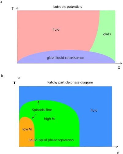 Figure 1.2: Phase diagram of systems of particles with attractive interactions. The phasediagram plotted on temperature (T) v.s