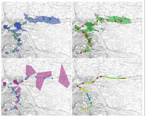 Fig. 8 Trajectory 1. Estimation of event positions based on different coverage prediction methods: Coverage prediction (top left), coverageprediction including height and building model (top right) and Voronoi tessellation (bottom left)
