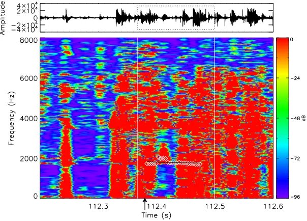 Fig. 4.(Top) waveform and (bottom) dynamic spectrum of multiple overlapped tweek atmospherics observed at Kagoshima Observatory at17:51:52.37–17:51:52.50 UT on 1 November 2003