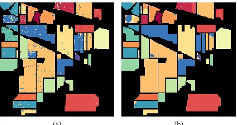 Fig. 2.Indian Pines scene. (a) Classiﬁcation map with SVM classiﬁer. (b)Improved classiﬁcation map with ﬁltering.