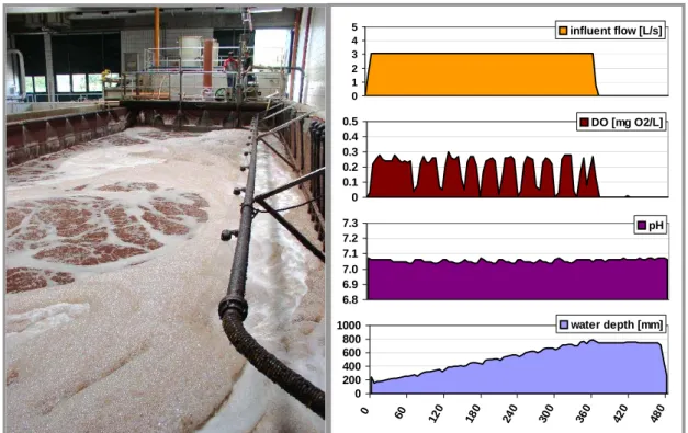 Figure 3. Profiles of process variables (flowrate, DO, pH and water table) of 1 SBR cycle  displaying the control of intermittent aeration by a tight interval of pH-setpoints (right) and photo of  the full-scale SBR-system at WWTP Strass (left) 